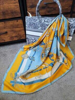 Elegant Yellow & Light Blue Chain Print Scarf